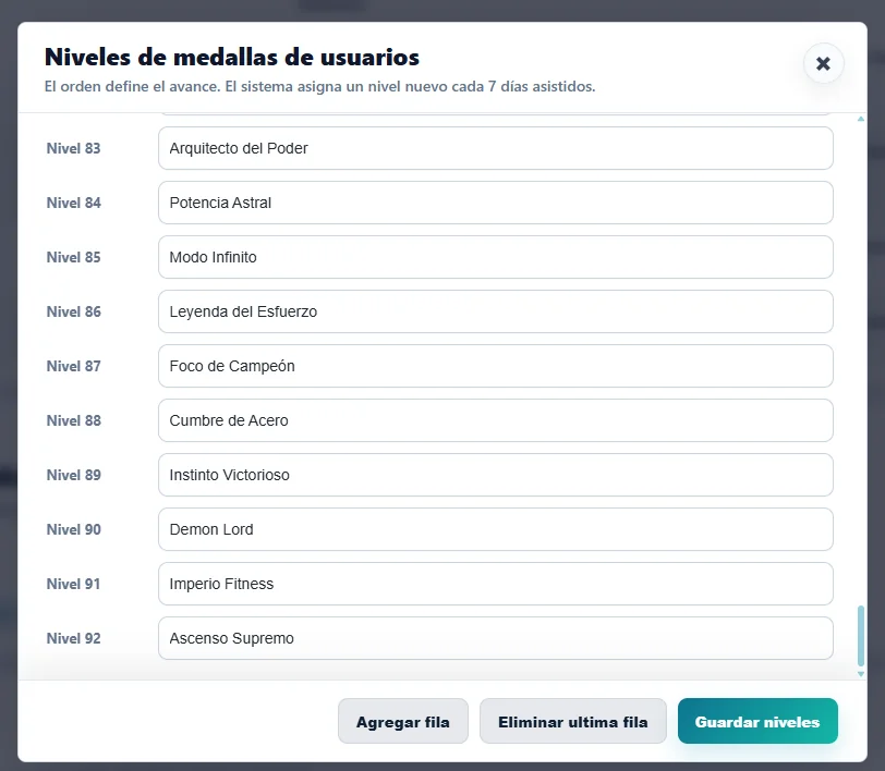 Configuración de insignias y niveles en gimnasio