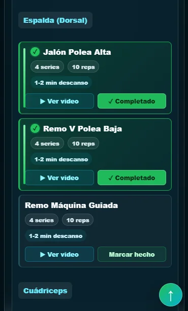 Listado de ejercicios marcables para rutina de gimnasio